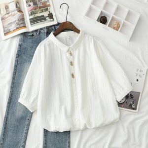 Double-layer cotton yarn short-sleeved shirt for women, loose and versatile, literary and artistic embroidered rabbit summer soft short-sleeved shirt