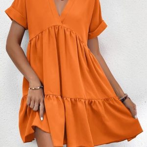 European and American new summer women's clothing Fresh and sweet V-neck solid color long swing casual short skirt dress