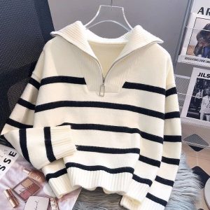 Women's sweater women's autumn and winter thick inner wear new zipper striped bottoming shirt short style