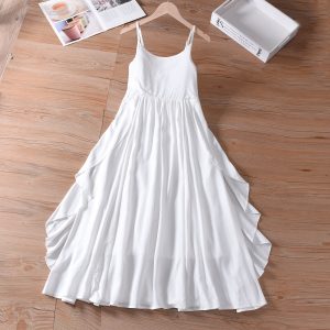White embryo tie-dye dress summer waist slimming super fairy lotus leaf edge cotton silk suspender long skirt