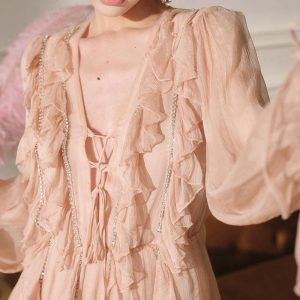New chain double-layer ruffled decoration slightly transparent flowing dress