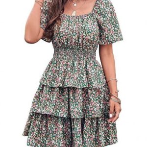 New Arrivals Women's Floral Summer Short Dress Square Neck Short Sleeves Layered Ruffled Bohemian Swing Skirt