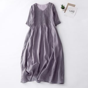 Retro design accordion pleated dress, artistic solid color V-neck ramie, cool and slim long dress for women