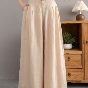 Summer literary solid color wide leg ramie casual pants loose slim straight pants double layer high waist casual pants for women