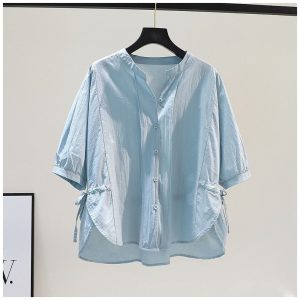 Summer Korean commuting casual simple slim design pleated short-sleeved shirt large size loose shirt tops for women