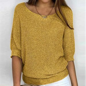 New women's 3/4 sleeve sweater women's one button round neck long sleeve sweater